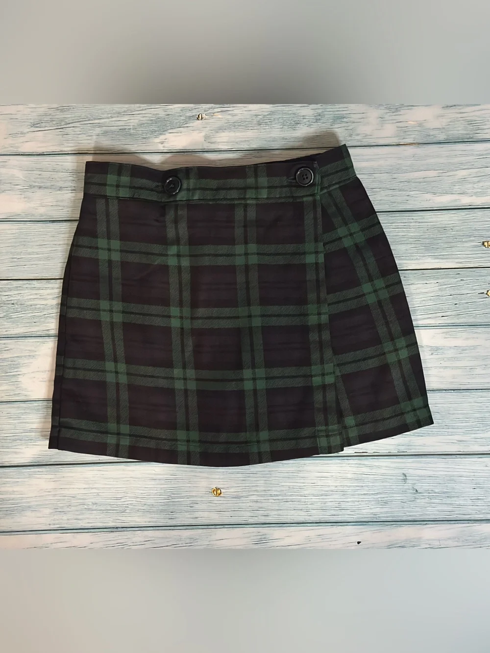 Two Pleated Mini Skirt Skorts School Uniform Navy & Green Plaid Wrap Skirt